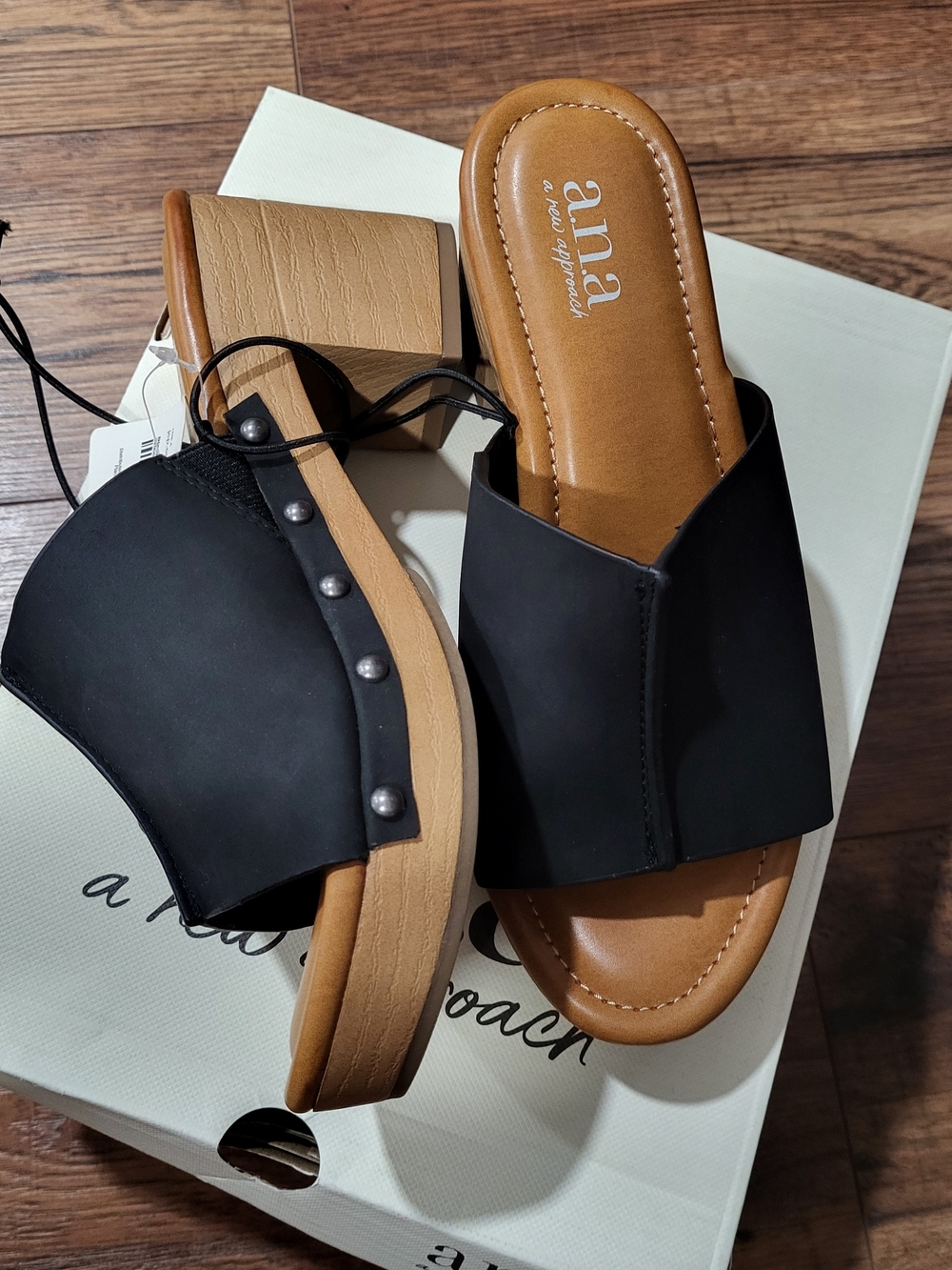 a.n.a Black Slide Sandals with Low Wood-Effect Heel